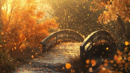 Poster - Serene wooden bridge enveloped in vibrant autumn foliage during golden hour