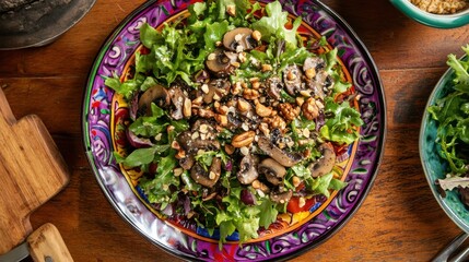 Poster - An overhead shot of a colorful salad composed of fresh greens, mushrooms, and nuts on a decorative plate during a casual indoor meal