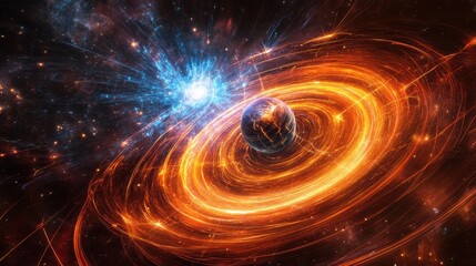 Aufkleber - An abstract visualization of dynamic magnetic fields interacting in a cosmic environment at the edge of a starry galaxy
