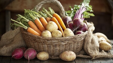 Poster - A rustic woven basket filled with fresh root vegetables harvested from a sunny garden on a tranquil afternoon