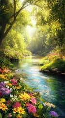 Poster - A beautiful riverbank filled with vibrant flowers and lush greenery during a sunny afternoon