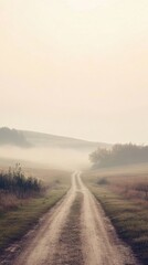 Poster - A peaceful dirt road winding through misty fields under soft morning light