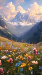 Poster - A vibrant field of wildflowers in the foreground with majestic mountains under a soft sunset sky
