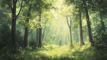 Poster - A peaceful forest with tall trees, sunlight filtering through leaves, creating a calming atmosphere in nature during daytime