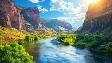 Poster - The Colorado River gracefully winds through dramatic cliffs and lush greenery in a vibrant landscape during a sunny afternoon