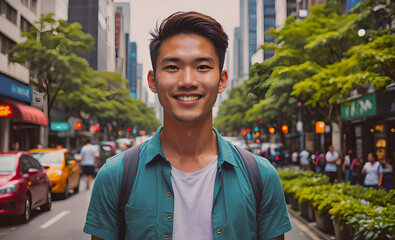 Poster - Young man wearing a green shirt and backpack is standing in the middle of a busy city street, smil. superhero girl, child kid baby holds children airplane hands, runs across green field, dream