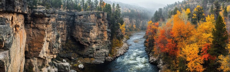 Aufkleber - A breathtaking autumn panorama of Spearfish Canyon with vibrant fall foliage and flowing river