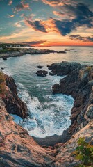 Aufkleber - A breathtaking panorama of Kennebunkport's rocky coastline at sunset with gentle waves crashing against the shore