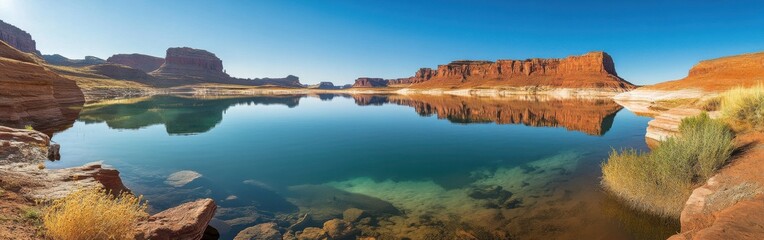 Poster - A breathtaking panorama of Lake Powell showcasing its serene waters and majestic rock formations under a clear blue sky