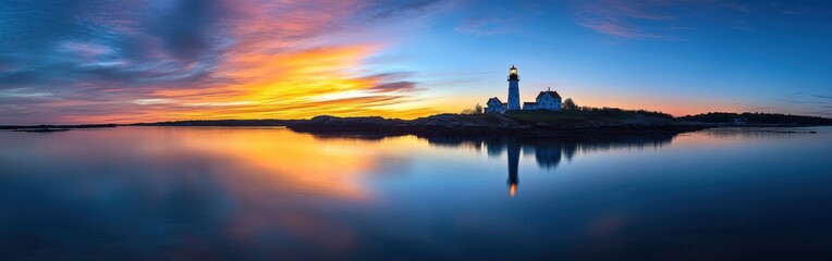 Poster - A tranquil sunset over the Sakonnet River illuminating the landscape and lighthouse in vibrant hues of orange and blue