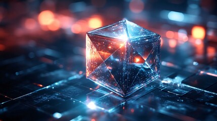 A glowing 3D polyhedron with shifting transparent layers and ethereal light streaks, suspended in space with a minimal, dark background