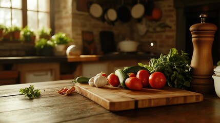 Poster - A rustic kitchen filled with fresh vegetables on a wooden cutting board in warm afternoon light