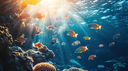 Poster - Colorful parrotfish gracefully swim over coral reefs during a sunlit underwater exploration