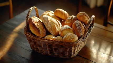 Aufkleber - A rustic wicker basket overflowing with freshly baked bread on a wooden table in a cozy kitchen