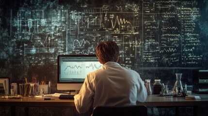 Fototapete - A scientist analyzes data and research findings in a well-equipped laboratory at night