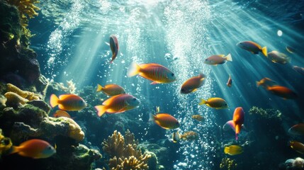 Poster - Colorful parrotfish swimming gracefully in crystal-clear waters above vibrant coral reefs during a sunny day
