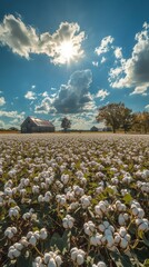 Aufkleber - A beautiful cotton field in the rural countryside under a bright blue sky with fluffy clouds during a sunny day