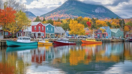 Aufkleber - A vibrant autumn view of the historic town with colorful boats and reflections by the serene waterfront at sunset