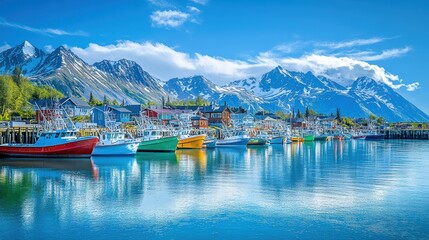 Aufkleber - A vibrant coastal town with colorful boats reflecting on serene waters under bright blue skies