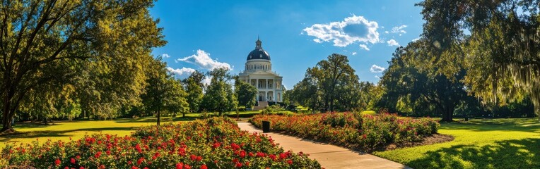 Aufkleber - A sunny day at the historic Old State Capitol with vibrant gardens, highlighting its architectural beauty and serene landscape