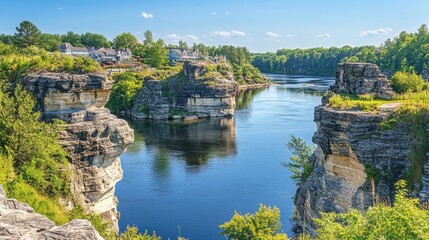 Poster - Explore the serene beauty of historic Wisconsin along the tranquil river valley under a clear blue sky