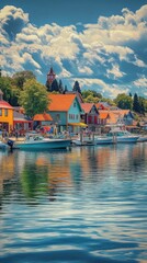 Aufkleber - A tranquil afternoon at the colorful harbor of a charming town with vibrant houses and peaceful waters