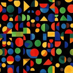 Poster - A vibrant arrangement of geometric shapes in various colors and sizes on a black background