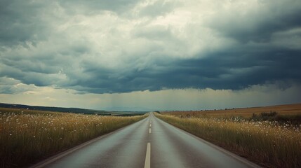 Poster - A long, straight road stretches through a lush landscape under an approaching stormy sky in the afternoon light