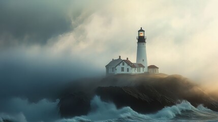 Aufkleber - A coastal lighthouse shrouded in dense fog with crashing waves capturing a serene yet mysterious atmosphere at dawn