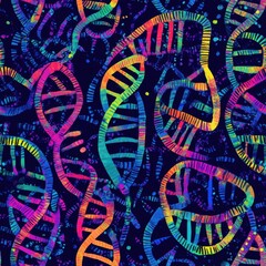 Fototapete - Vibrant double-helix DNA strands intertwining in a colorful and abstract pattern against a dark background