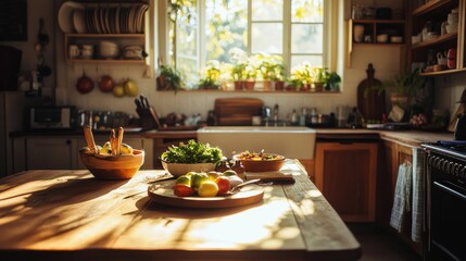 Poster - A bright farmhouse kitchen with a wooden table adorned with fresh vegetables and sunlight streaming through the window