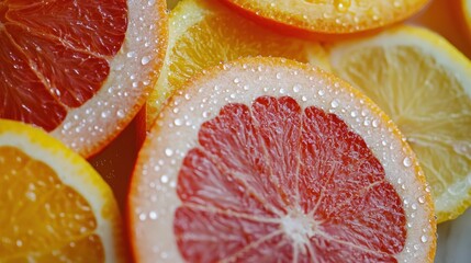 Aufkleber - Close-up of freshly sliced citrus fruits with dew on a wooden surface showcasing vibrant colors