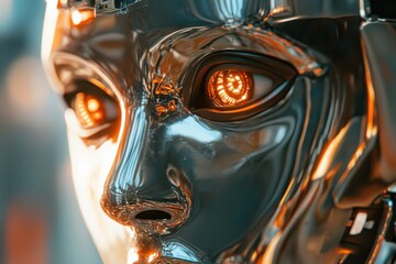 Poster - A close-up of a humanoid AI robot gazing with glowing eyes in a modern tech studio during daylight