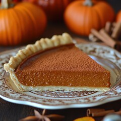 Aufkleber - A delicious slice of festive pumpkin pie garnished with autumn spices and surrounded by decorative pumpkins