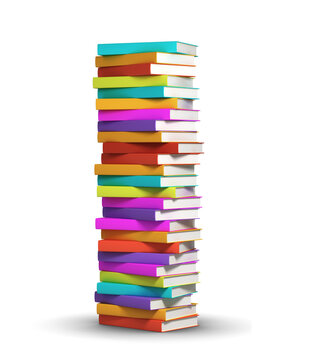 A tall stack of colorful books arranged vertically on a plain white background. 3D rendering illustrating education, knowledge, and literature concepts