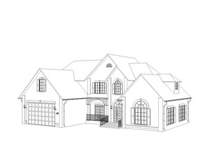Aufkleber - Sketch of a two-story house with a garage and multiple windows, isolated on a white background. Designed blueprint concept for home architecture and planning
