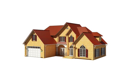 Aufkleber - 3D rendering of a modern two-story house with a red tiled roof and a garage. The structure is isolated on a white background, showcasing residential design