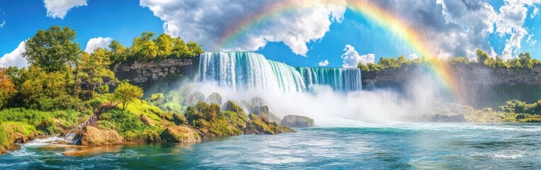 Poster - A stunning view of Niagara Falls with a vibrant rainbow arching over the cascading waters and lush green surroundings on a clear day
