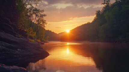 Poster - Breathtaking sunset over the tranquil White River surrounded by lush greenery and rugged landscapes in serene evening light
