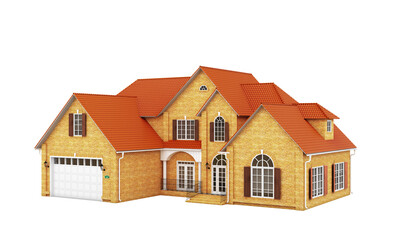Aufkleber - A yellow brick house with a red roof, large windows, and a garage, isolated on a clean white background. 3D rendering. Concept of modern suburban living