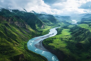 Poster - Serpentine River Winding Through a Lush Mountain Valley