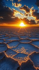 Poster - A stunning sunset over a vast salt flat illuminated by vibrant colors and dramatic clouds