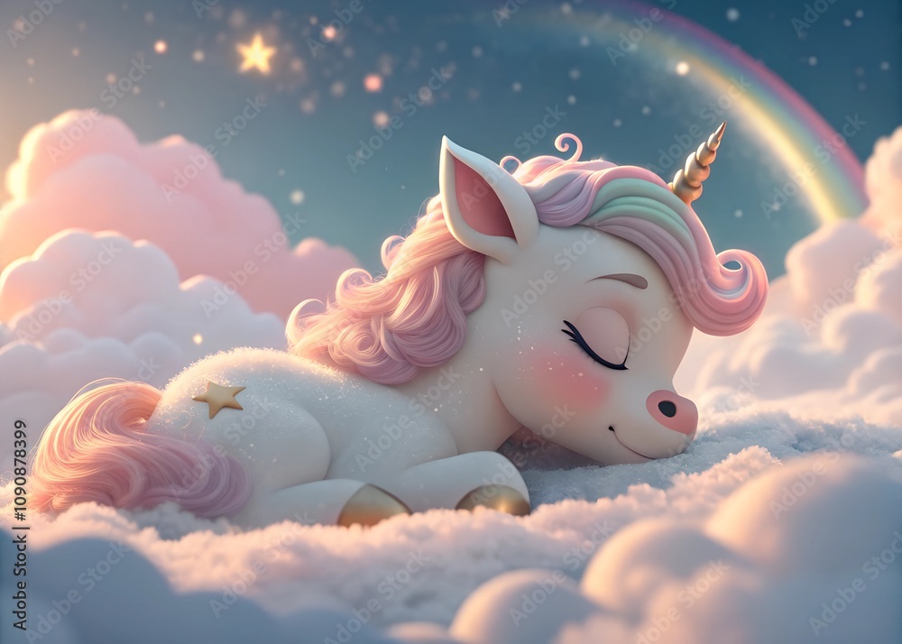 Cute Baby unicorn sleeping in soft cozy clouds in night sky. Cartoon ...