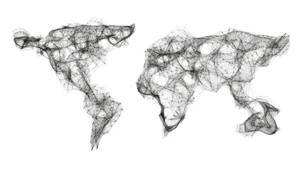 Fototapete - Abstract wireframe map of world continents, made oflines and interconnected nodes. Minimalistic style. Isolated on white background. Concept of global network