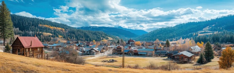 Poster - A stunning view of the historic town nestled among the mountains during a bright autumn day