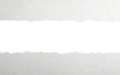 Poster - Torn paper strip with rough edges horizontally placed over a plain white background. Closeup style. Concept of ripped paper design or template