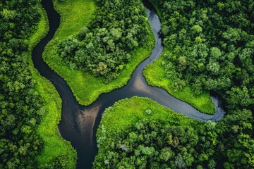 Poster - Aerial View of a Winding River Through Lush Green Forest