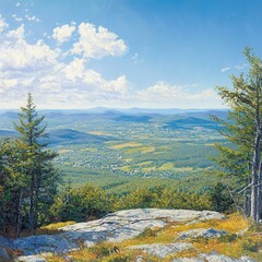 Poster - A breathtaking view of Mount Monadnock surrounded by lush greenery and rolling landscapes beneath a clear blue sky
