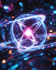 Leinwandbilder - A detailed atomic model illustrating an electron orbiting around a central nucleus in a vibrant, futuristic digital setting