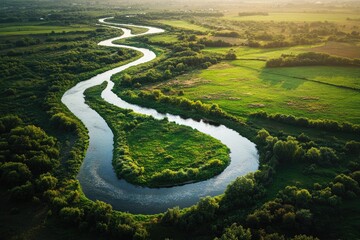 Poster - Aerial View of a Winding River Through Lush Green Fields and Trees